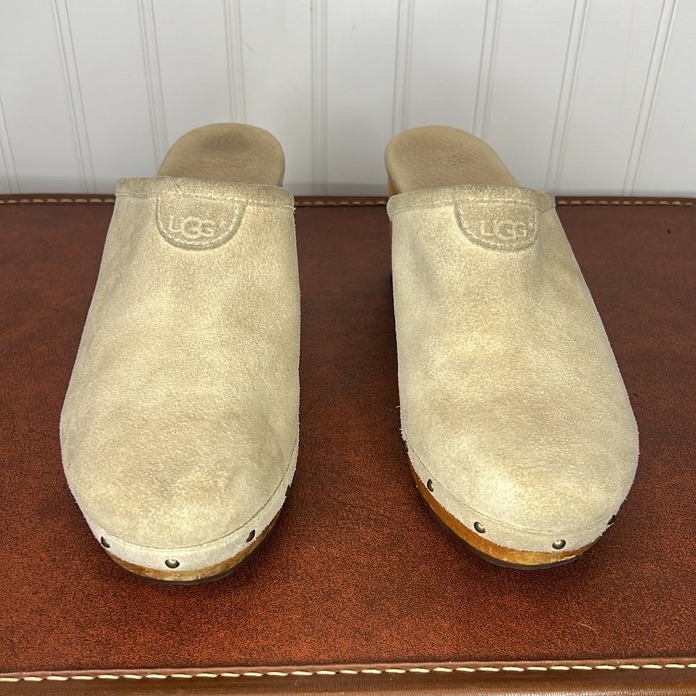 UGG Cream Suede Clog Heels with Wood Platform - Picture 2 of 13